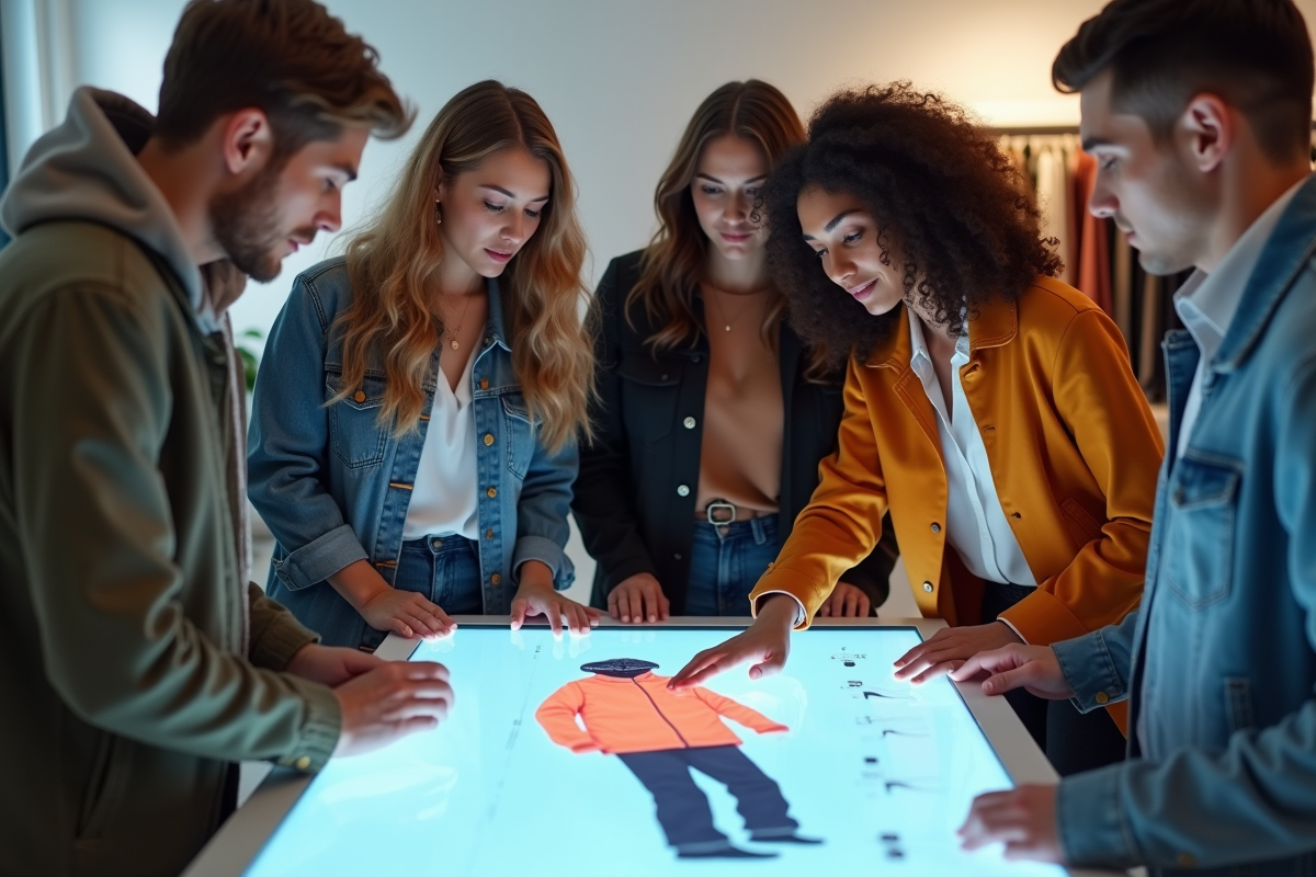 Groupe de jeunes créateurs mode autour d'une table numérique