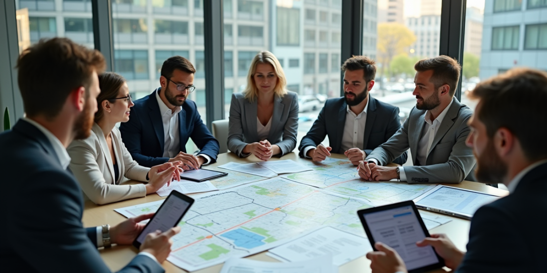 Groupe de professionnels discutant autour d'une table avec cartes et tablettes