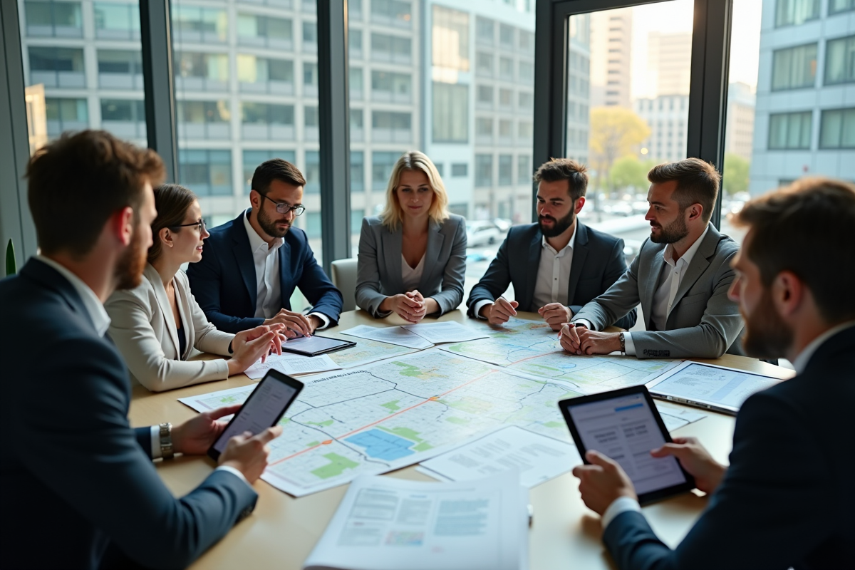 Groupe de professionnels discutant autour d'une table avec cartes et tablettes