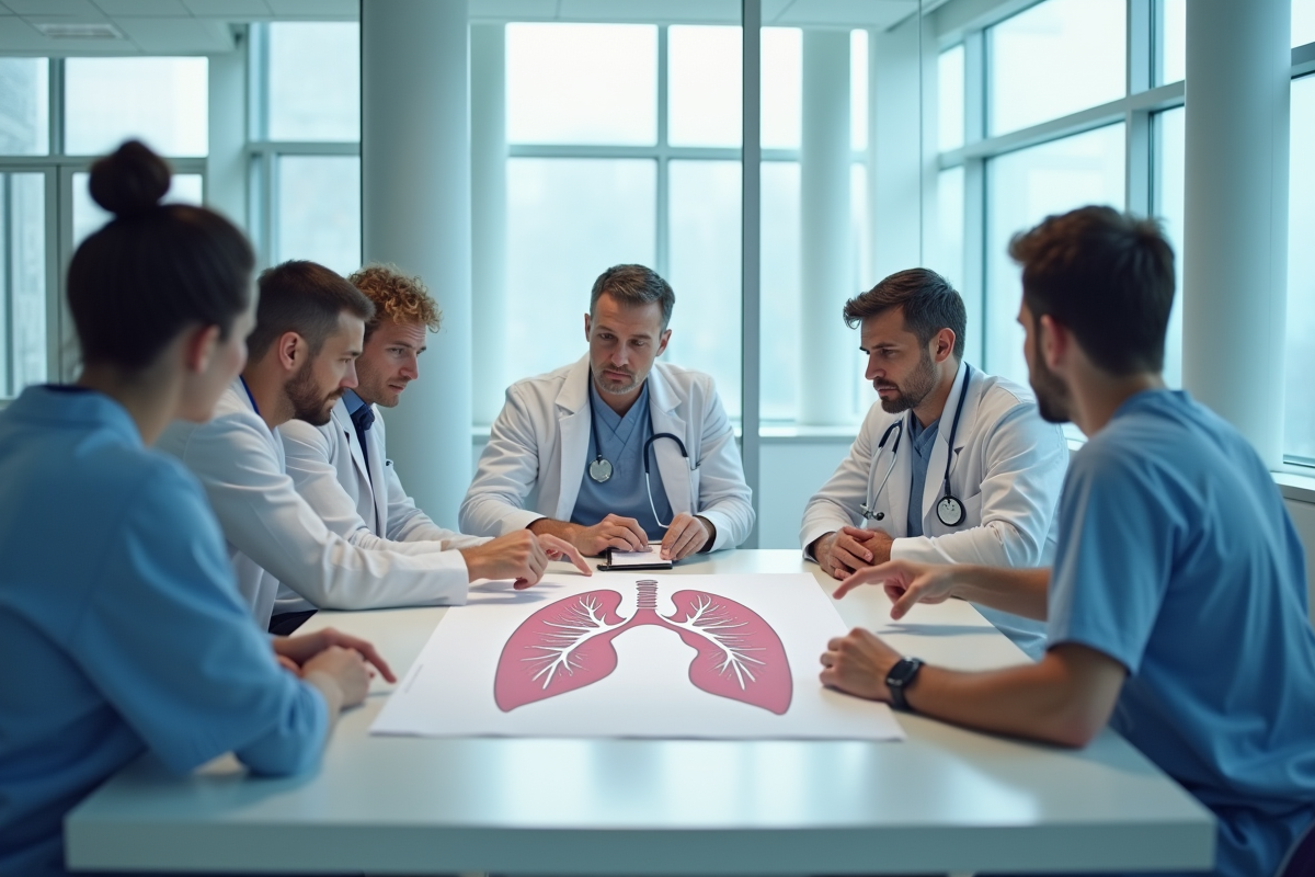 Equipe de medecins discute diagramme des poumons en salle