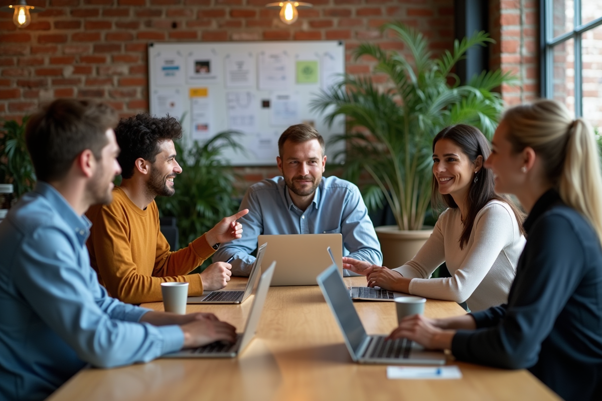 Groupe de collègues en discussion dans un espace de travail créatif