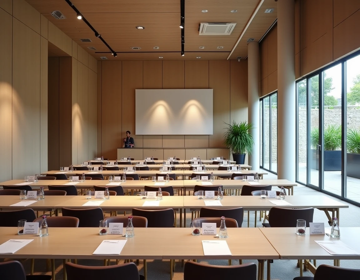 Intérieur de l'Espace Descartes Réceptions à Bordeaux, grande salle de conférence et banquet avec panneaux acoustiques et tables dressées pour un événement professionnel