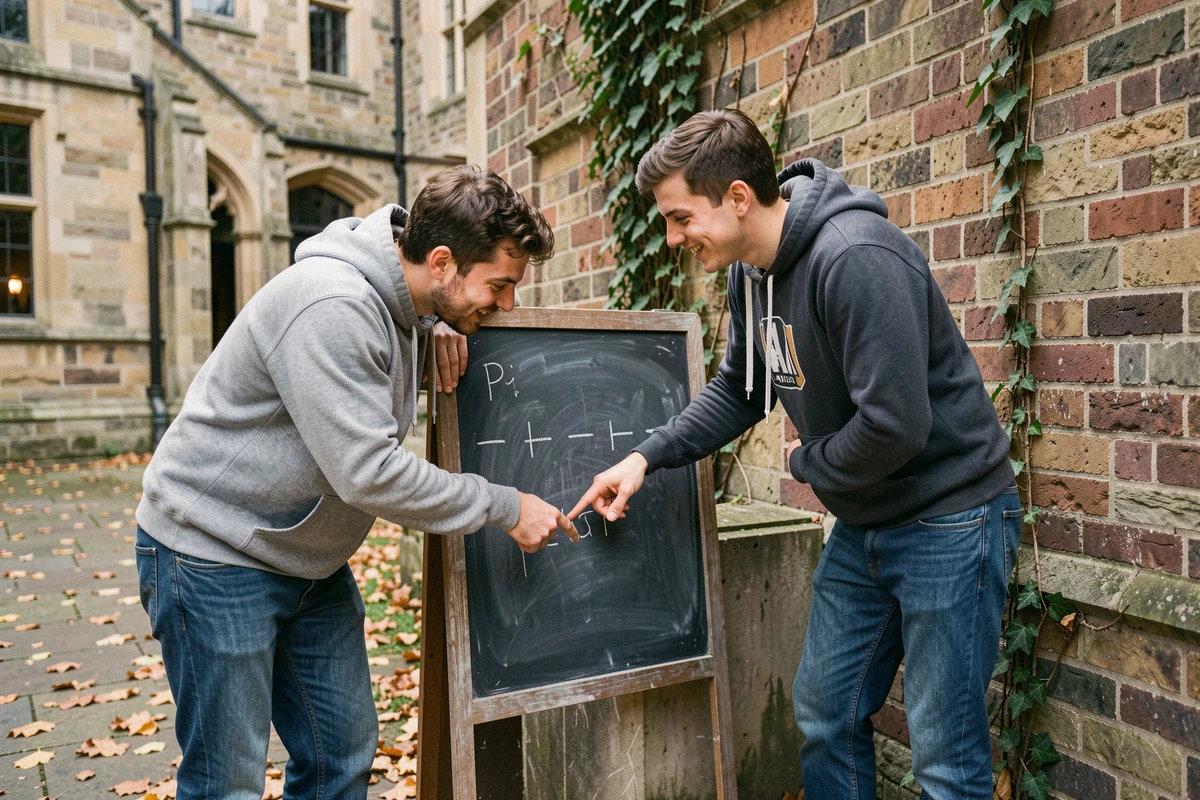 Deux étudiants jouant au pendu en français sur un tableau noir dans une cour d'université