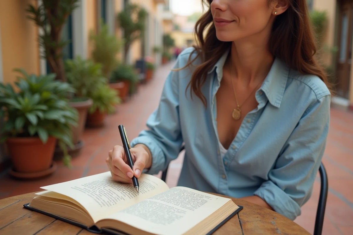 Jeune femme étudiant l'espagnol avec un cahier de phrases dont 'muchas gracias' sur une terrasse méditerranéenne