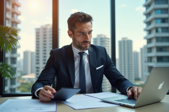 Expert immobilier analysant des documents avec bâtiments résidentiels en arrière-plan