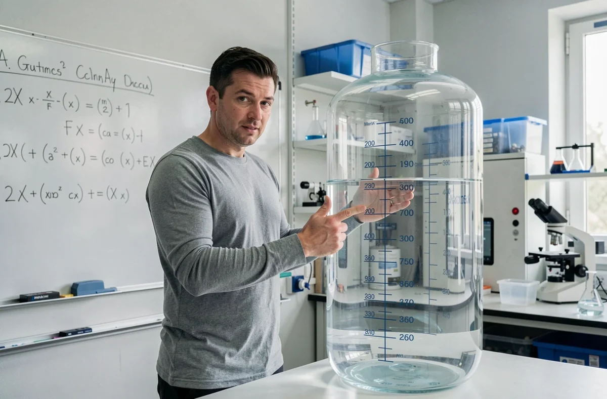 Homme expliquant la conversion entre mètres cubes et litres devant un grand contenant gradué dans une salle de cours
