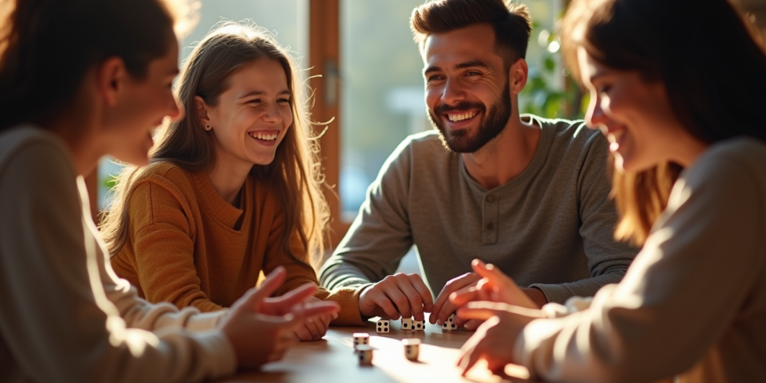 Famille souriante jouant au jeu de dés 421 à la maison