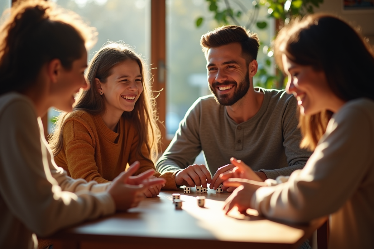 Famille souriante jouant au jeu de dés 421 à la maison