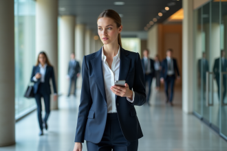 Jeune femme d'affaires en costume navy dans un lobby moderne