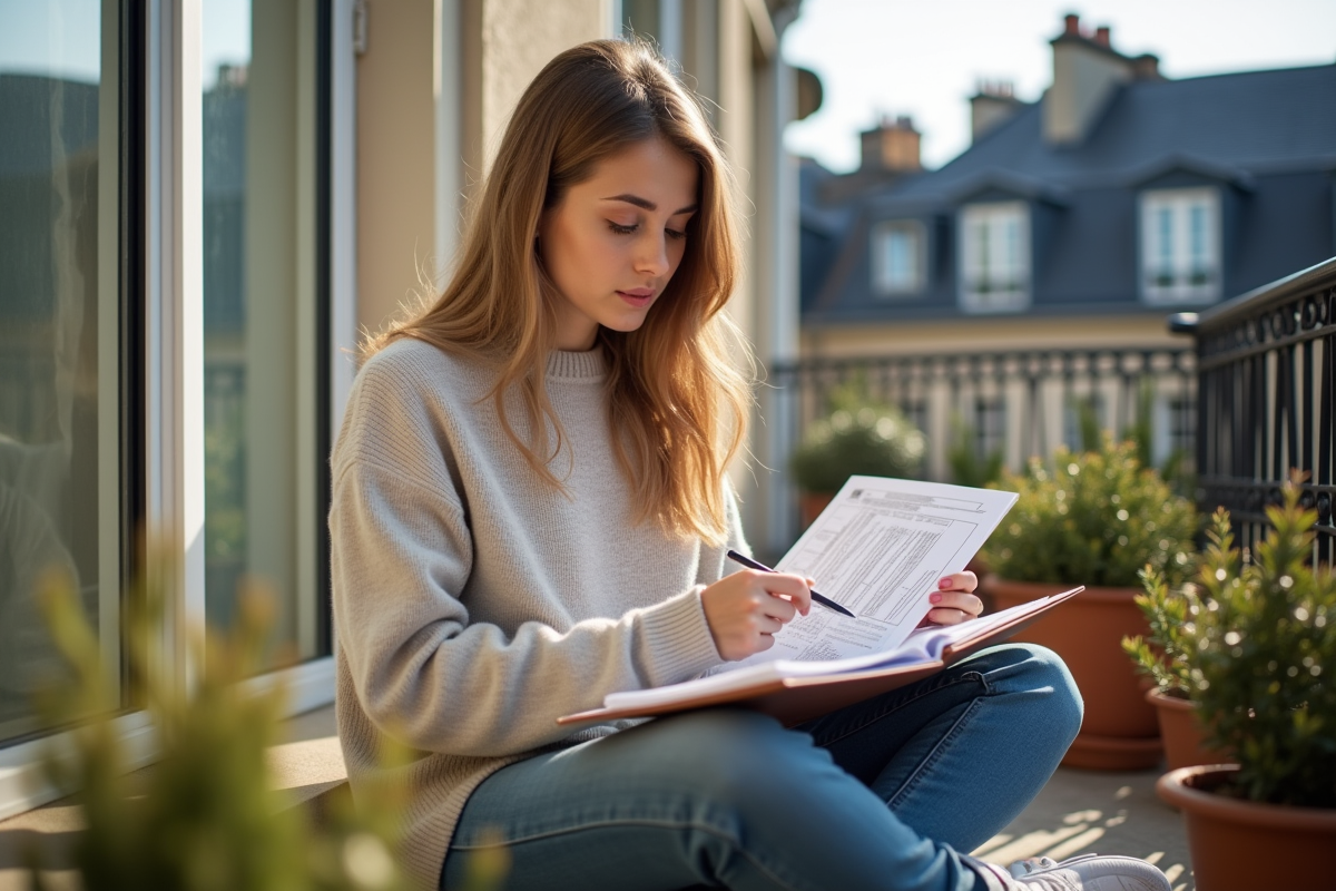 Jeune femme lisant des dossiers sur un balcon parisien