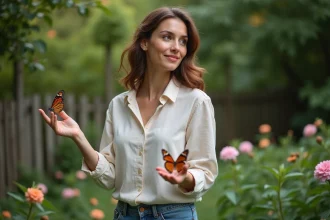 Femme dans un jardin avec un papillon sur la main