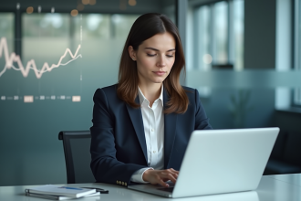 Jeune femme professionnelle analysant des données sur un ordinateur