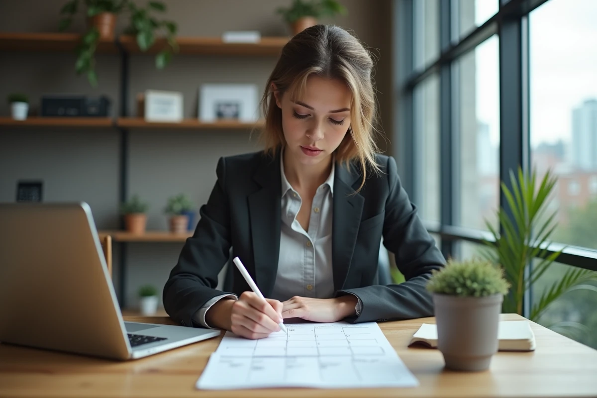 Jeune femme au bureau note des dates sur un calendrier