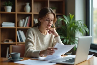 Femme en home office travaillant sur des documents