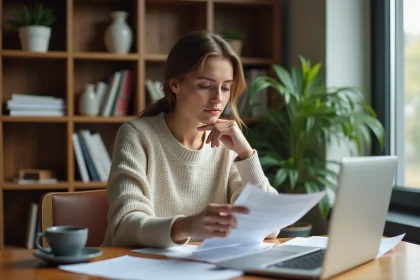 Femme en home office travaillant sur des documents
