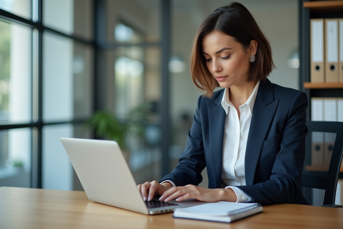 Femme professionnelle en bureau moderne examinant factures digitales