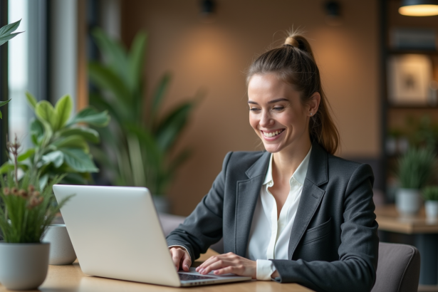 Femme souriante au bureau avec ordinateur portable