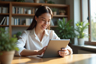 Femme en bureau moderne utilisant une tablette