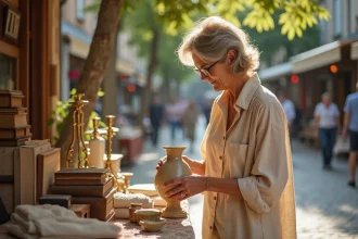 Femme chinant un vase en céramique vintage sur un vide-grenier en plein air dans le Maine-et-Loire