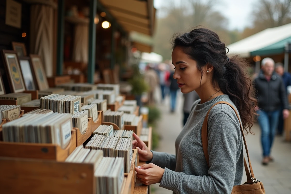 Femme collectionnant des capsules de champagne dans un marché aux puces brocante en plein air