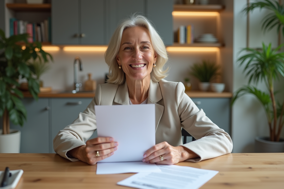 Femme souriante tenant un contrat de logement dans une cuisine lumineuse