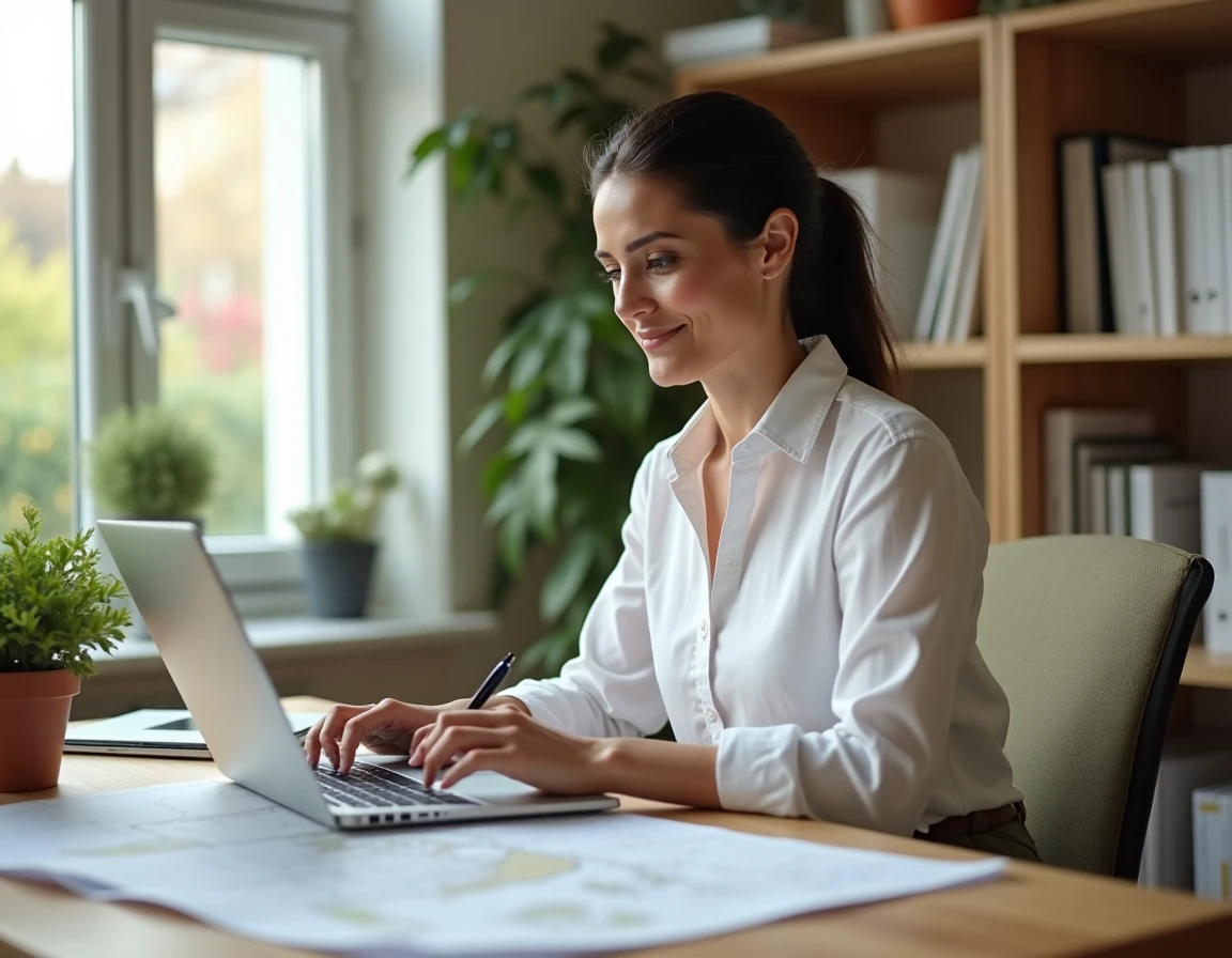 Femme utilisant un outil en ligne de conversion de mètres carrés en hectares sur ordinateur portable