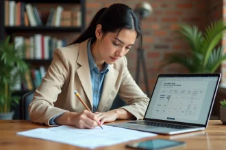 Femme utilisant un convertisseur hectares en m2 à son bureau avec des notes manuscrites et un ordinateur portable