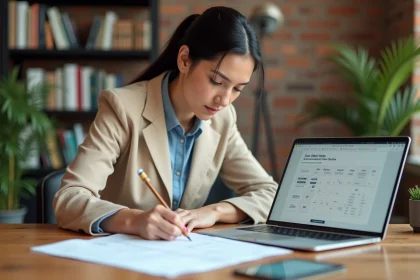 Femme utilisant un convertisseur hectares en m2 à son bureau avec des notes manuscrites et un ordinateur portable