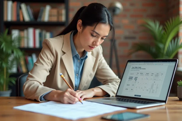 Femme utilisant un convertisseur hectares en m2 à son bureau avec des notes manuscrites et un ordinateur portable