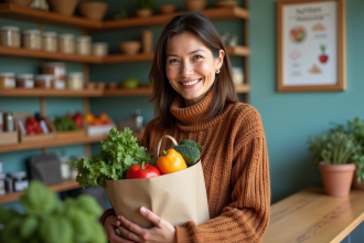 Femme en aide alimentaire tenant un sac de courses avec fruits et légumes