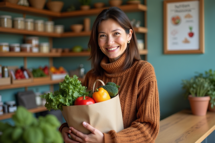 Femme en aide alimentaire tenant un sac de courses avec fruits et légumes