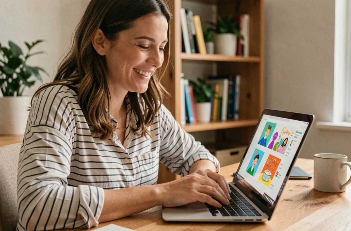Femme souriante créant un GIF anniversaire rigolo sur son ordinateur portable à la maison