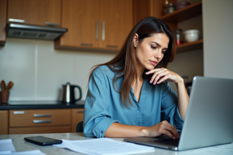 Femme assise à une table de cuisine avec ordinateur et papiers