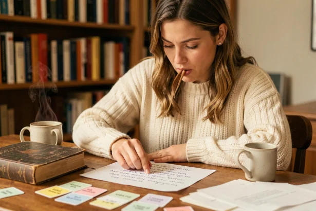 Femme concentrée cherchant un mot difficile dans un dictionnaire français pour jouer au pendu