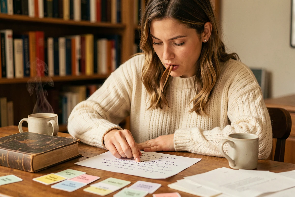 Femme concentrée cherchant un mot difficile dans un dictionnaire français pour jouer au pendu