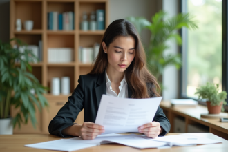 Jeune femme d'affaires examine documents d'évaluation de cycle de vie