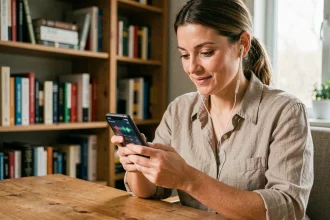 Femme écoutant un podcast Les Grosses Têtes sur smartphone avec application d'écoute en streaming