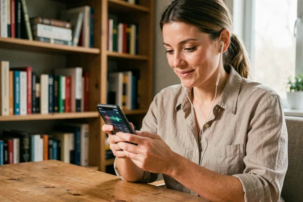 Femme écoutant un podcast Les Grosses Têtes sur smartphone avec application d'écoute en streaming