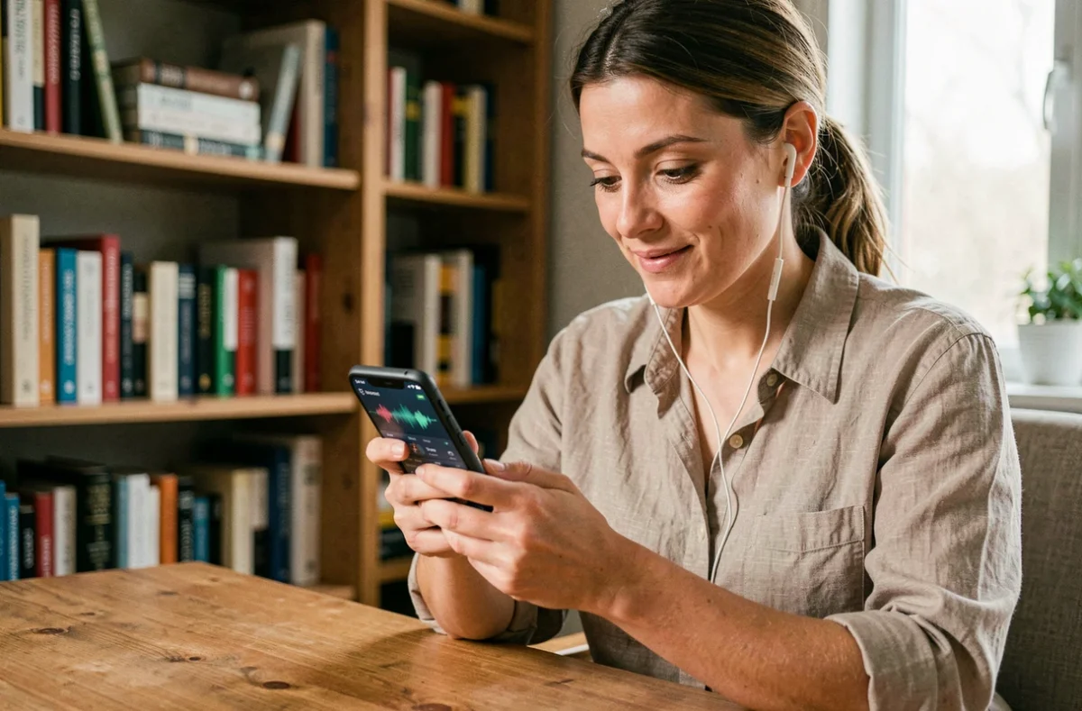 Femme écoutant un podcast Les Grosses Têtes sur smartphone avec application d'écoute en streaming