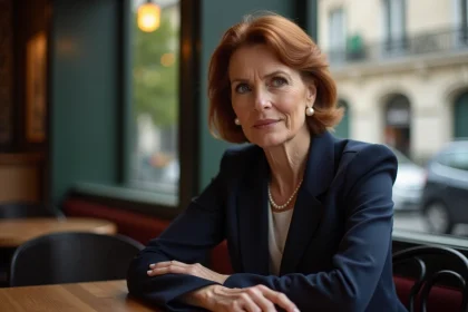 Femme élégante d'une cinquantaine d'années attablée dans un café parisien, regard pensif, style politique et discret