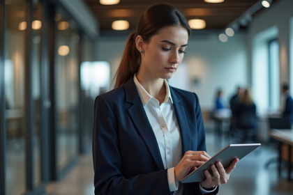 Jeune femme d'affaires analysant des graphiques financiers