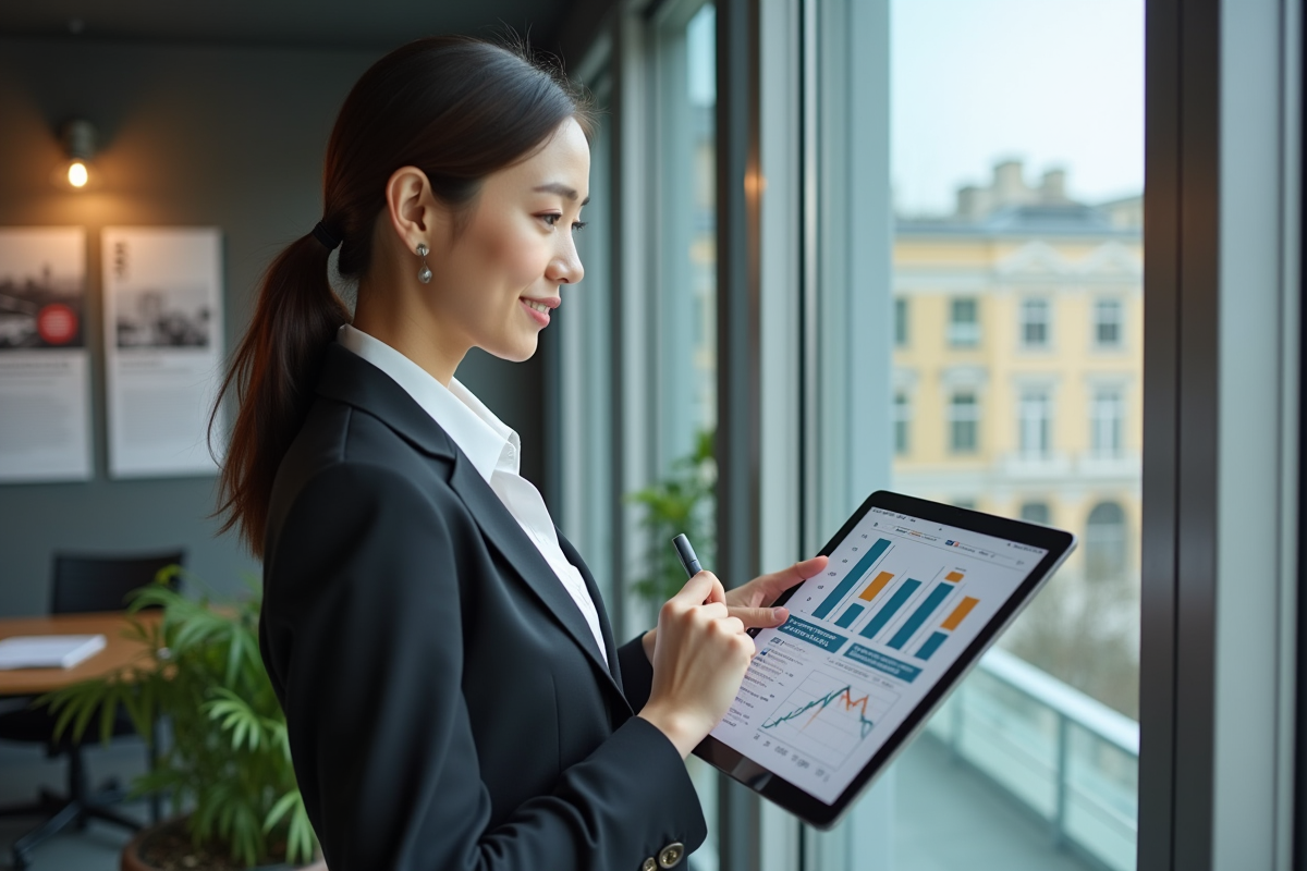 Jeune femme pointant un graphique de rendement locatif sur tablette