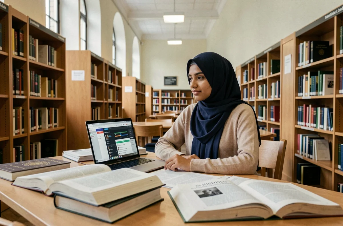 Jeune femme en hijab vérifiant les horaires de prière en ligne dans une bibliothèque universitaire de Toulouse