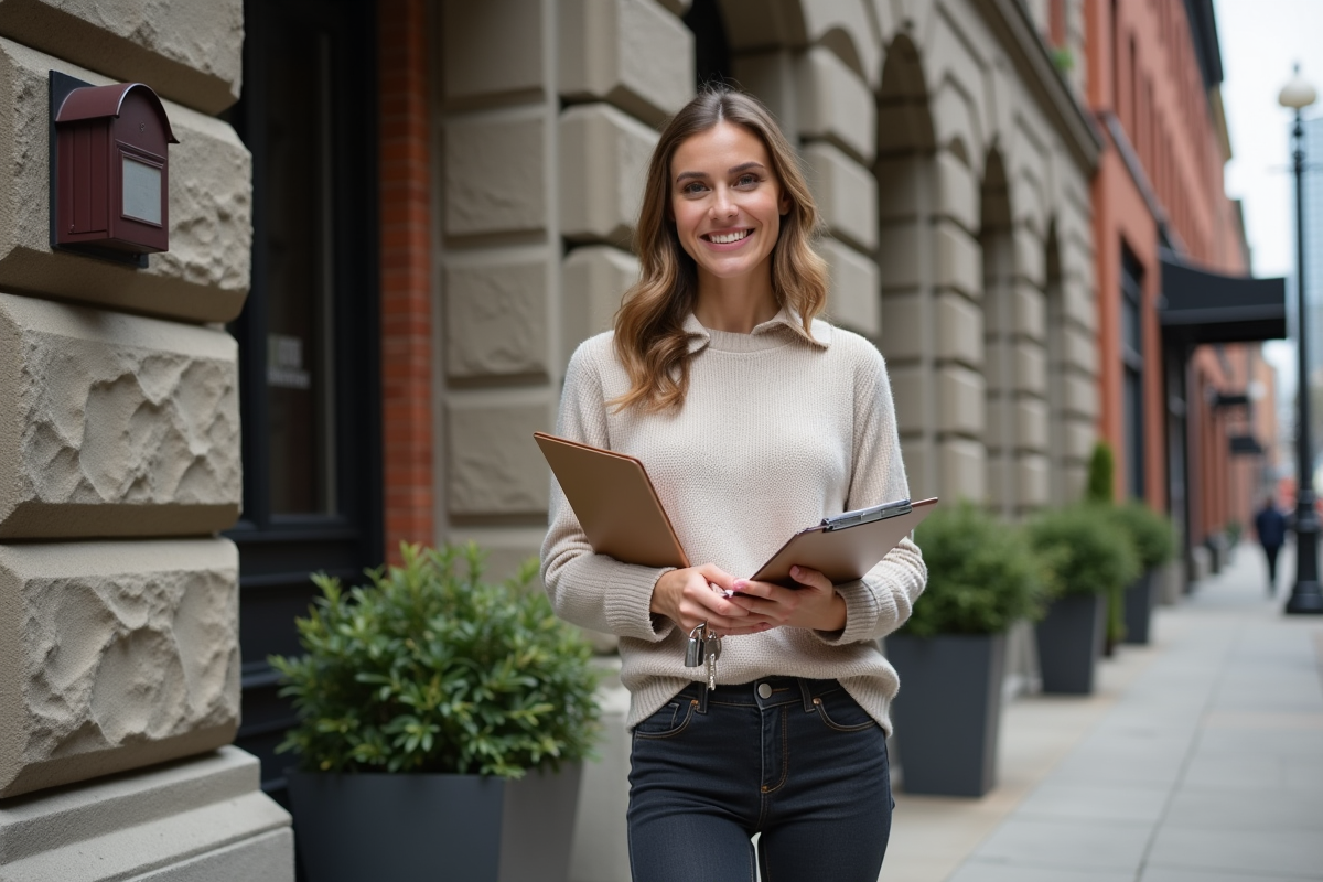 Femme souriante avec clés devant un immeuble rénové