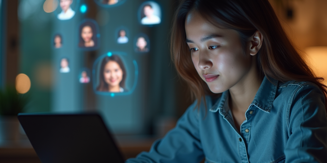 Jeune femme regardant son ordinateur avec avatars sociaux