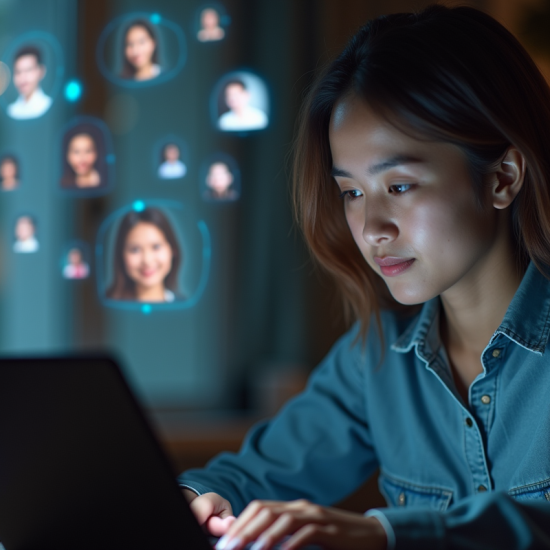 Jeune femme regardant son ordinateur avec avatars sociaux