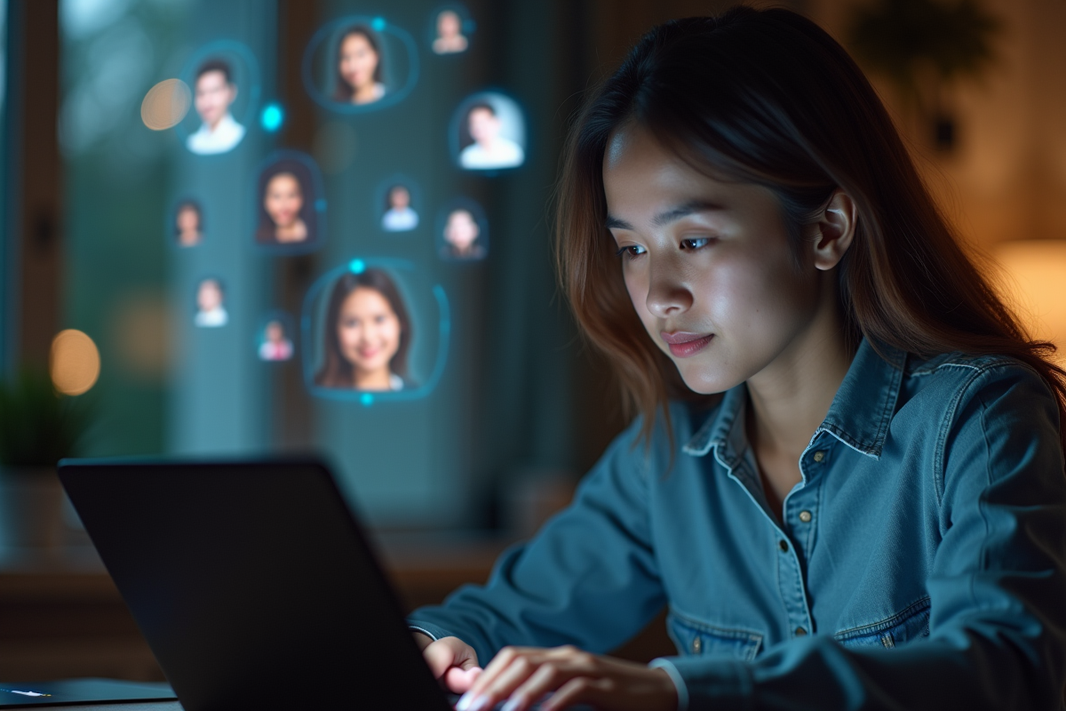 Jeune femme regardant son ordinateur avec avatars sociaux