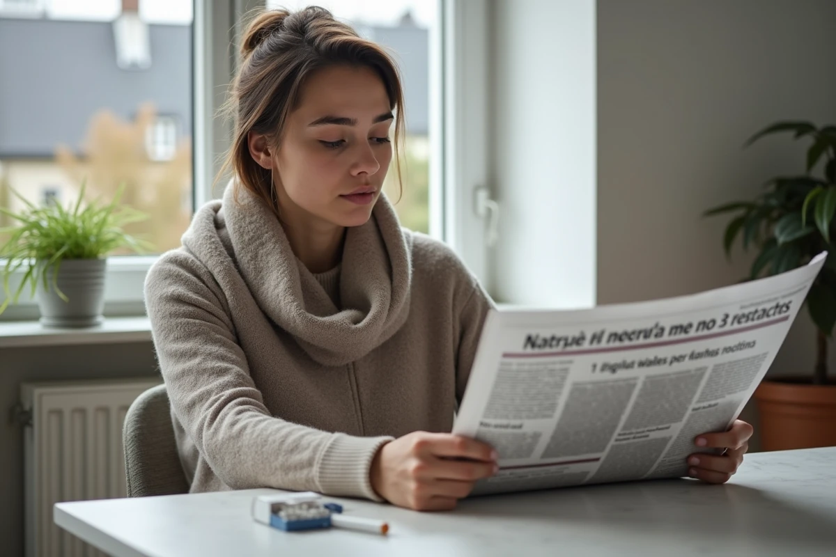 Jeune femme lit un article sur la réglementation du tabac à la maison