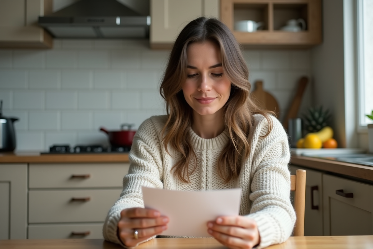 Femme lisant une lettre dans une cuisine lumineuse