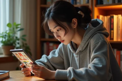 Jeune femme lisant un webtoon sur une tablette dans un coin lecture confortable entouré de mangas